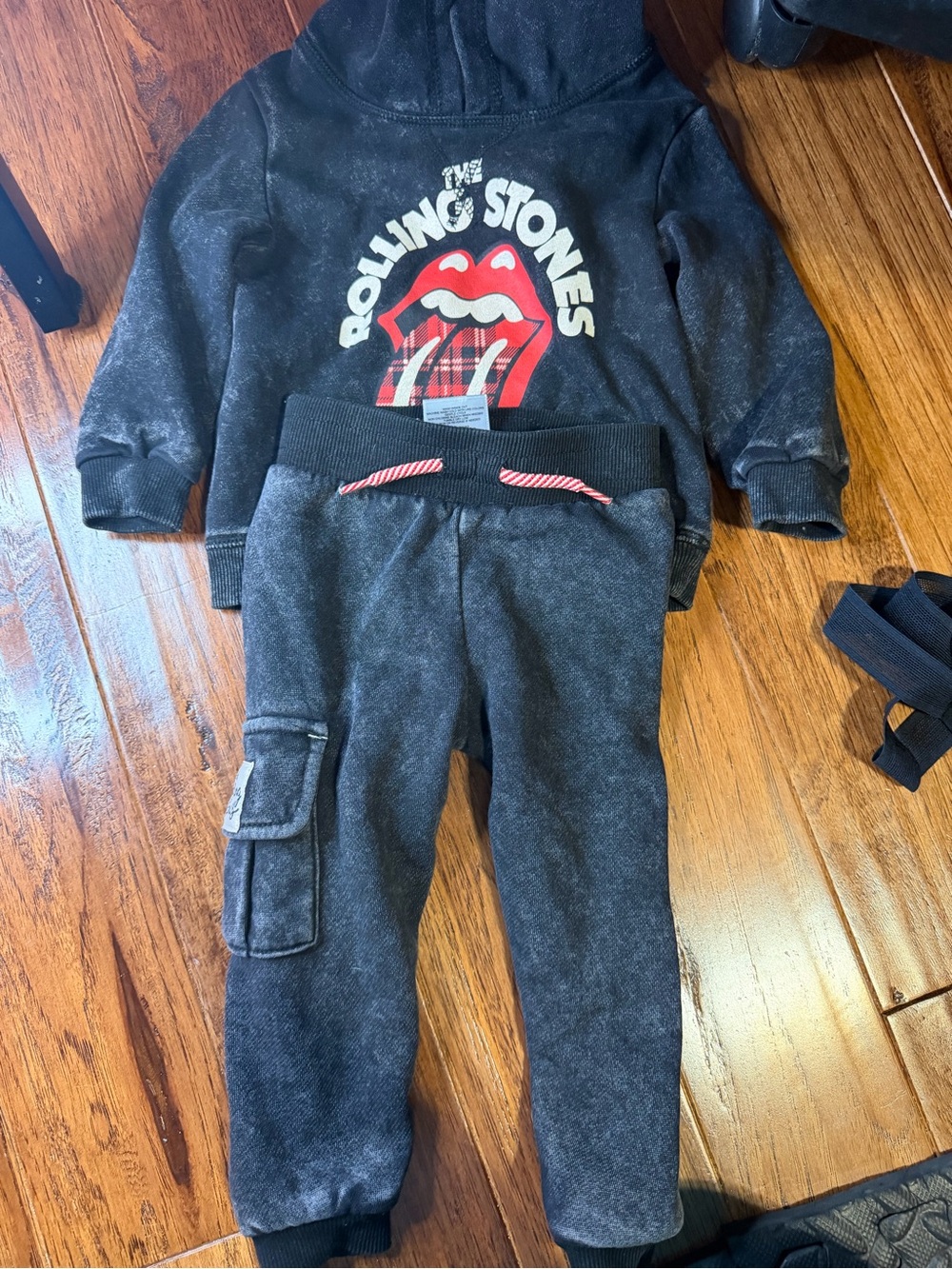 the Rolling Stones Kids Black Faded Jogger Set with Red Logo